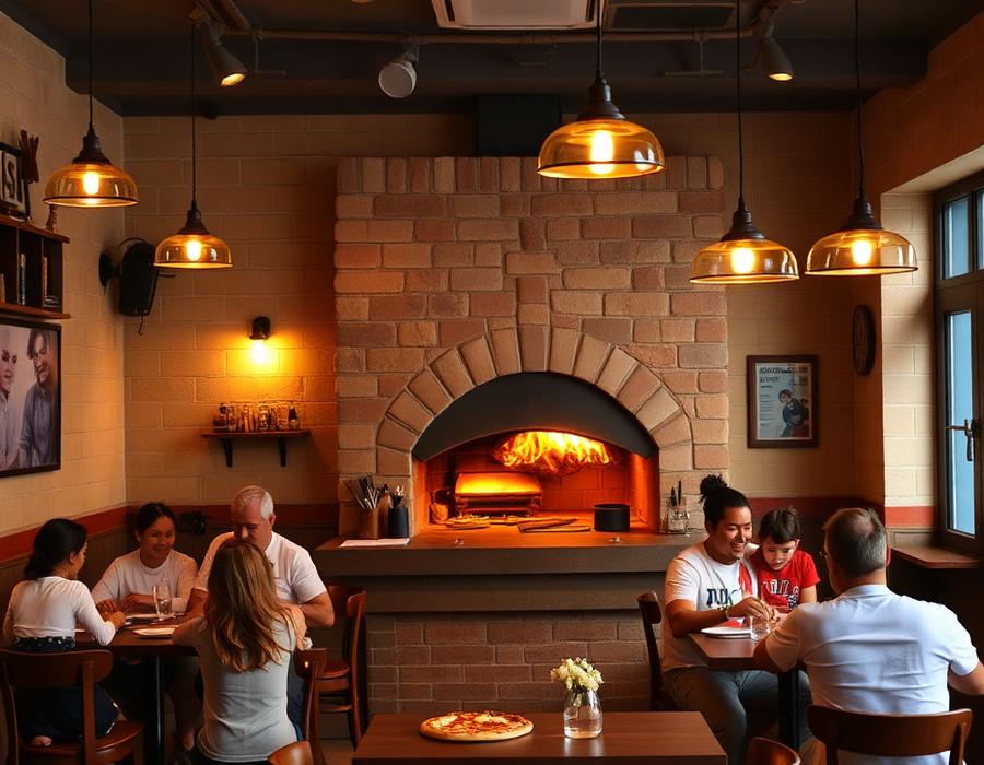 Warm dining area of Italian Pizza Fast Food with a glowing pizza oven